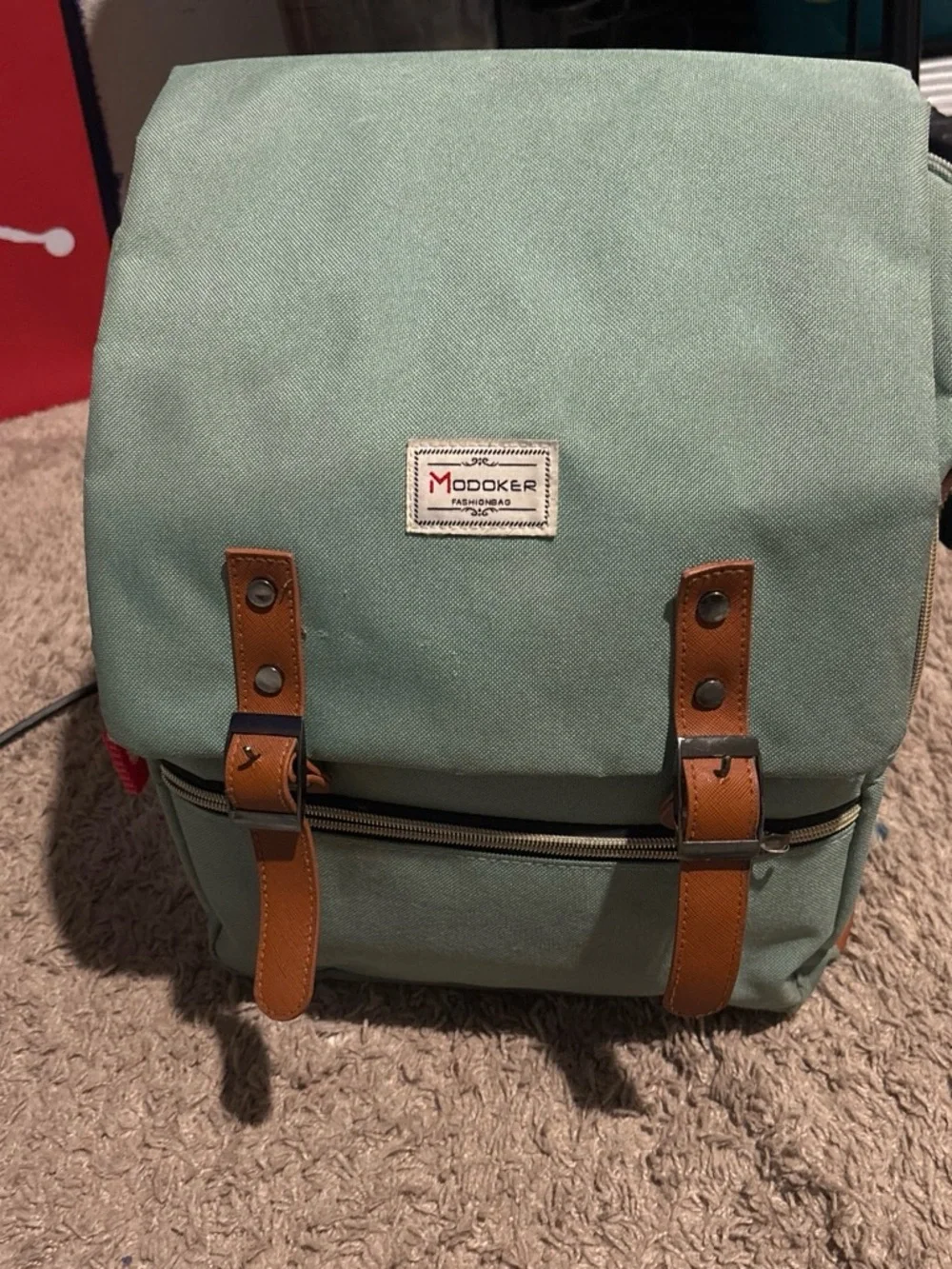 Mint Green Canvas Backpack with Brown Trim